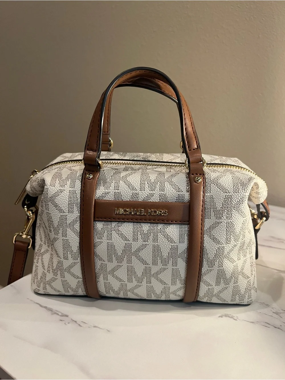 Michael Kors Cream and Brown Logo Dome Satchel